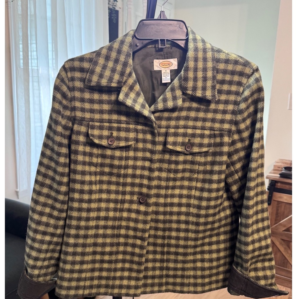 Talbots Green Black Gingham Wool Blend Jacket Corduroy Trim Size 4